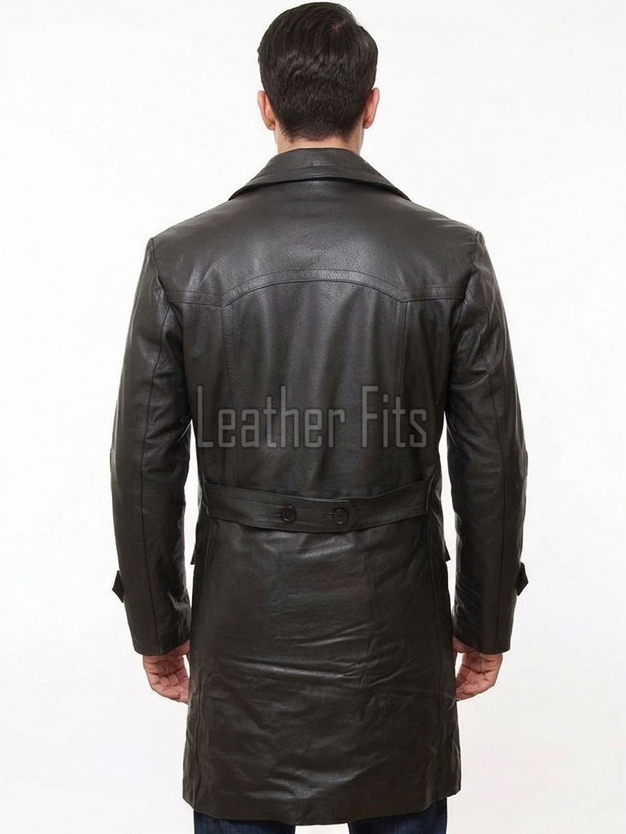 Men Espresso Brown Leather Long Coat | Premium Double Breasted Winter Trench Jacket | Luxury Pebble Grain Belted Officer Duster