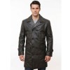 Men Espresso Brown Leather Long Coat | Premium Double Breasted Winter Trench Jacket | Luxury Pebble Grain Belted Officer Duster