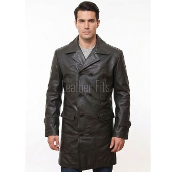 Men Espresso Brown Leather Long Coat | Premium Double Breasted Winter Trench Jacket | Luxury Pebble Grain Belted Officer Duster