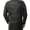 Men Onyx Black Leather Long Coat | Tactical Urban Winter Car Duster | Luxury Textured Sheepskin Military Style Overcoat