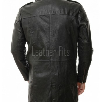 Men Onyx Black Leather Long Coat | Tactical Urban Winter Car Duster | Luxury Textured Sheepskin Military Style Overcoat