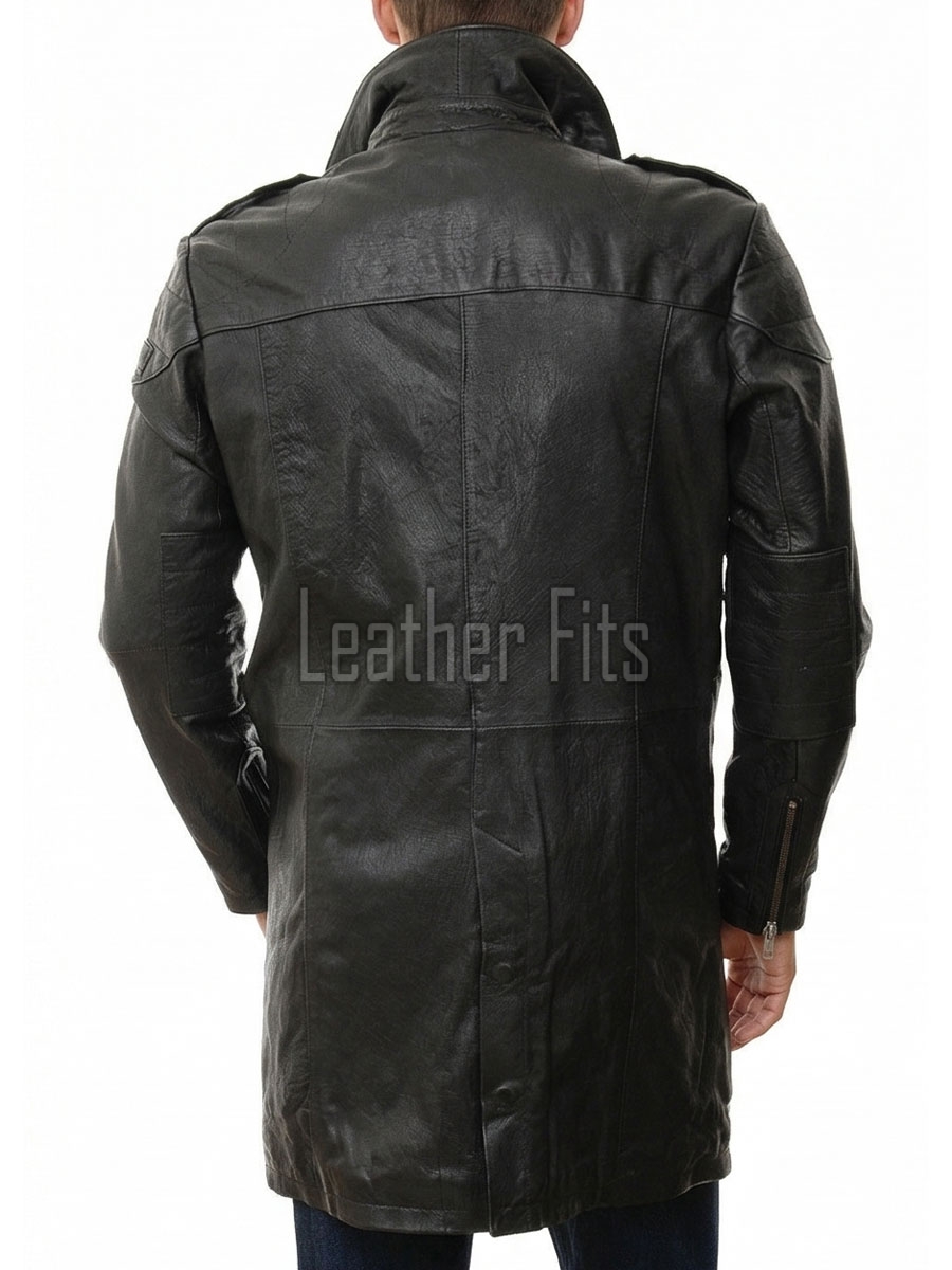 Men Onyx Black Leather Long Coat | Tactical Urban Winter Car Duster | Luxury Textured Sheepskin Military Style Overcoat