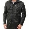 Men Onyx Black Leather Long Coat | Tactical Urban Winter Car Duster | Luxury Textured Sheepskin Military Style Overcoat