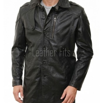 Men Onyx Black Leather Long Coat | Tactical Urban Winter Car Duster | Luxury Textured Sheepskin Military Style Overcoat