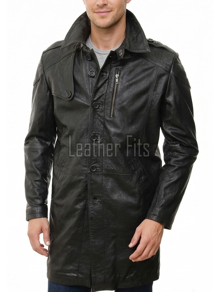 Men Onyx Black Leather Long Coat | Tactical Urban Winter Car Duster | Luxury Textured Sheepskin Military Style Overcoat