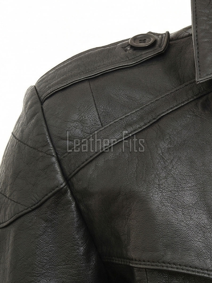 Men Onyx Black Leather Long Coat | Tactical Urban Winter Car Duster | Luxury Textured Sheepskin Military Style Overcoat