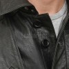 Men Onyx Black Leather Long Coat | Tactical Urban Winter Car Duster | Luxury Textured Sheepskin Military Style Overcoat
