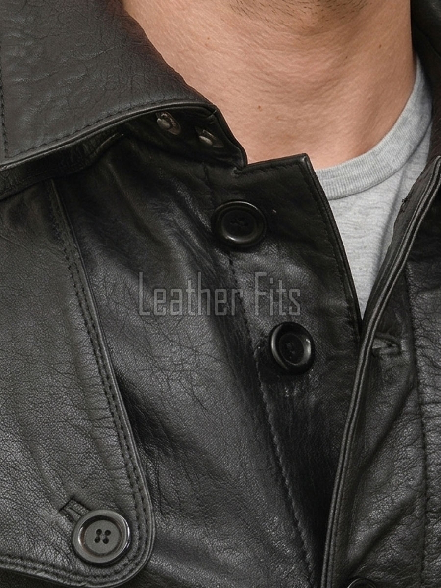 Men Onyx Black Leather Long Coat | Tactical Urban Winter Car Duster | Luxury Textured Sheepskin Military Style Overcoat