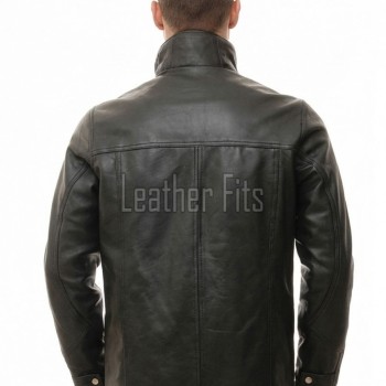 Men Obsidian Black Leather Car Coat | Premium Layered Winter Duster Jacket | Luxury Detachable Shearling Collar Cold Weather Overcoat