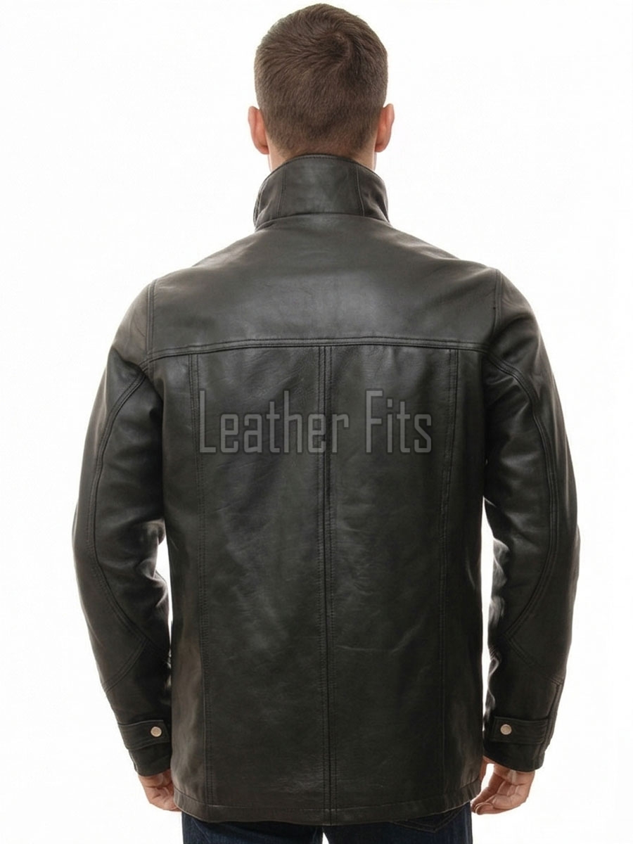 Men Obsidian Black Leather Car Coat | Premium Layered Winter Duster Jacket | Luxury Detachable Shearling Collar Cold Weather Overcoat