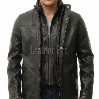 Men Obsidian Black Leather Car Coat | Premium Layered Winter Duster Jacket | Luxury Detachable Shearling Collar Cold Weather Overcoat
