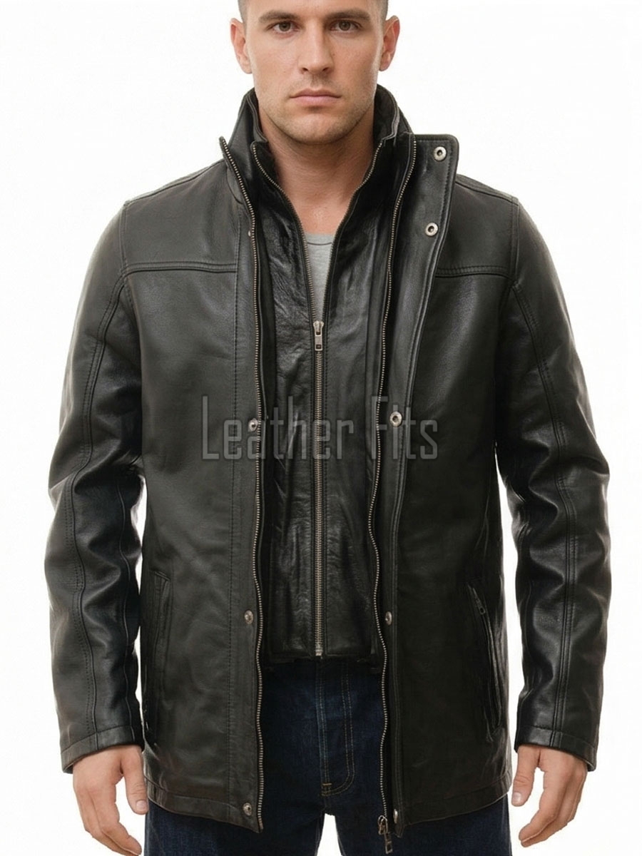 Men Obsidian Black Leather Car Coat | Premium Layered Winter Duster Jacket | Luxury Detachable Shearling Collar Cold Weather Overcoat