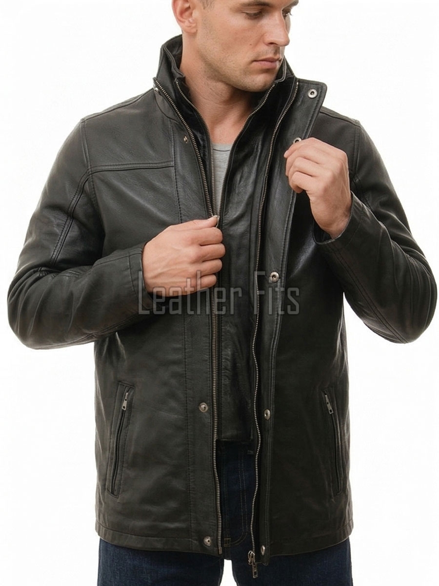 Men Obsidian Black Leather Car Coat | Premium Layered Winter Duster Jacket | Luxury Detachable Shearling Collar Cold Weather Overcoat