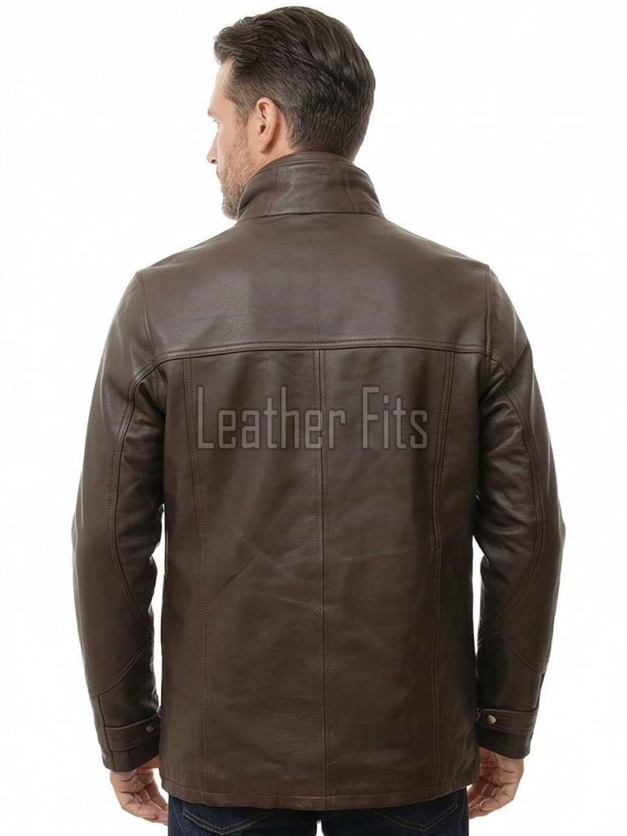 Men Mahogany Brown Leather Car Coat | Luxury Layered Winter Overcoat | Premium Smooth Lambskin Detachable Trim Long Duster Jacket