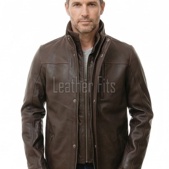 Men Mahogany Brown Leather Car Coat | Luxury Layered Winter Overcoat | Premium Smooth Lambskin Detachable Trim Long Duster Jacket