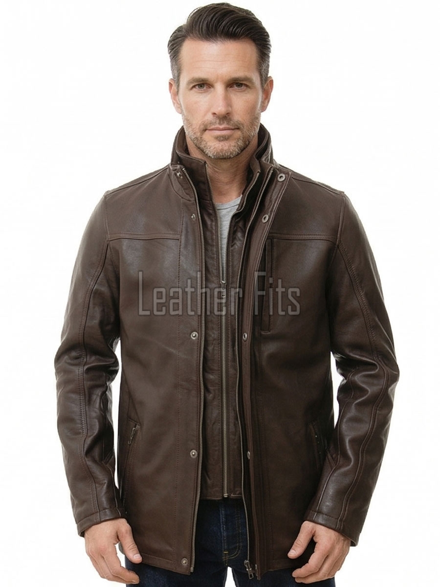 Men Mahogany Brown Leather Car Coat | Luxury Layered Winter Overcoat | Premium Smooth Lambskin Detachable Trim Long Duster Jacket
