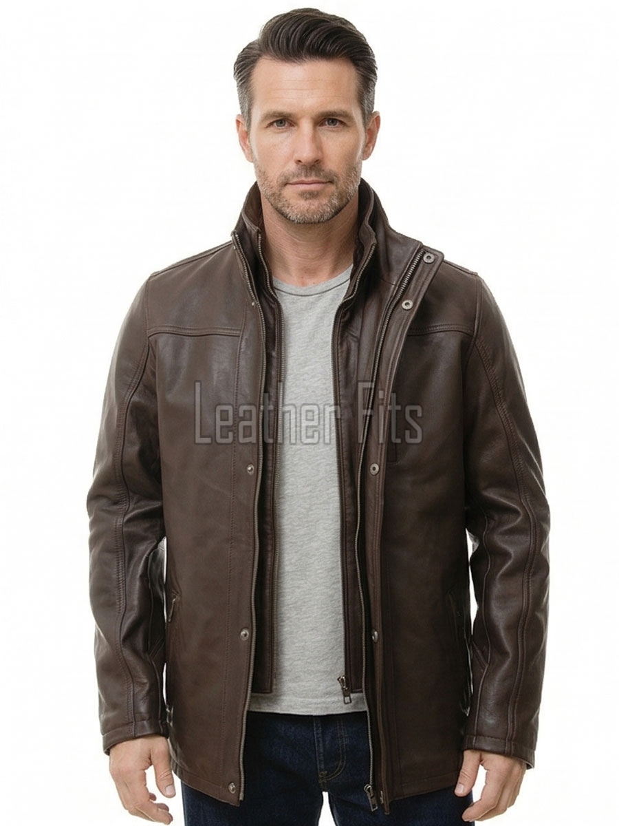 Men Mahogany Brown Leather Car Coat | Luxury Layered Winter Overcoat | Premium Smooth Lambskin Detachable Trim Long Duster Jacket