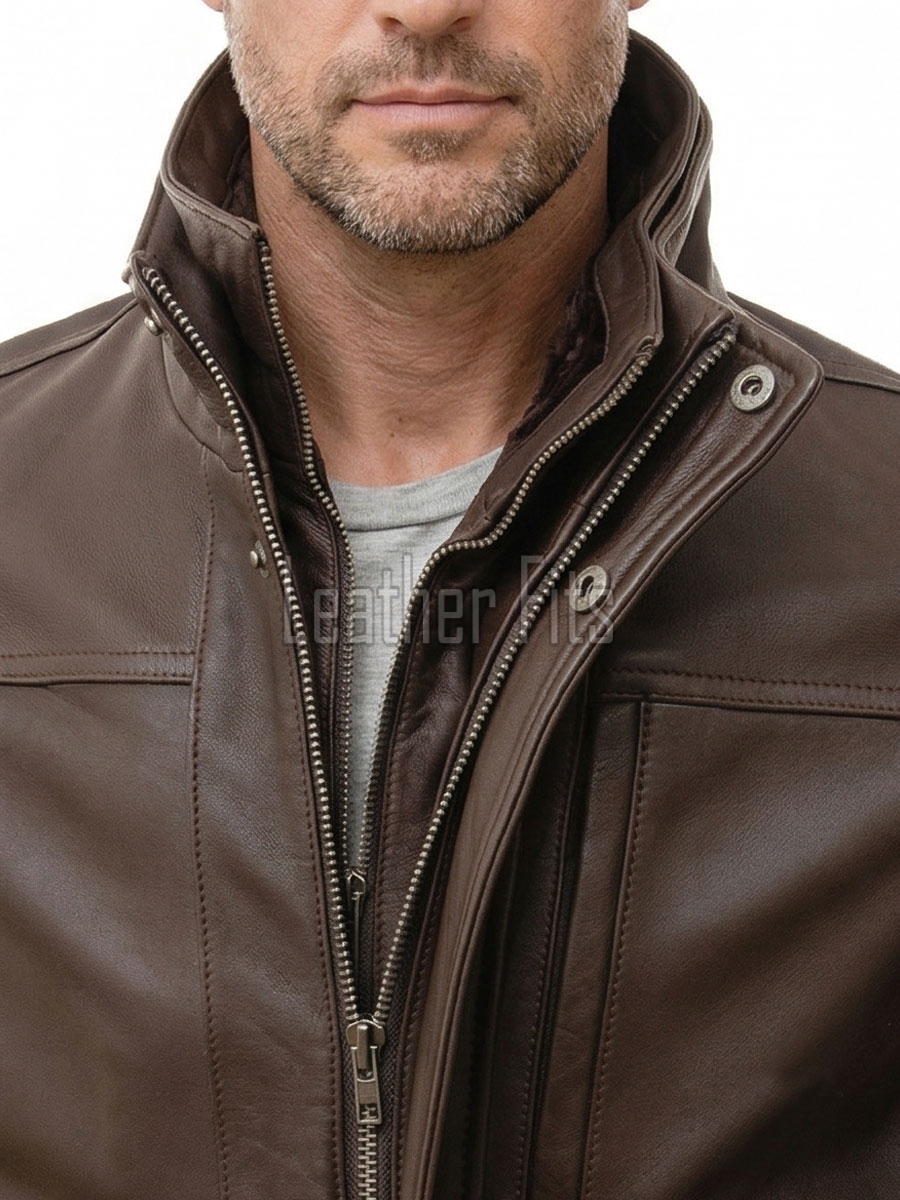 Men Mahogany Brown Leather Car Coat | Luxury Layered Winter Overcoat | Premium Smooth Lambskin Detachable Trim Long Duster Jacket