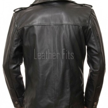 Men Dark Anthracite Leather Reefers Coat | Double Breasted Military Winter Duster | Premium Grained Cowhide Officer Style Overcoat