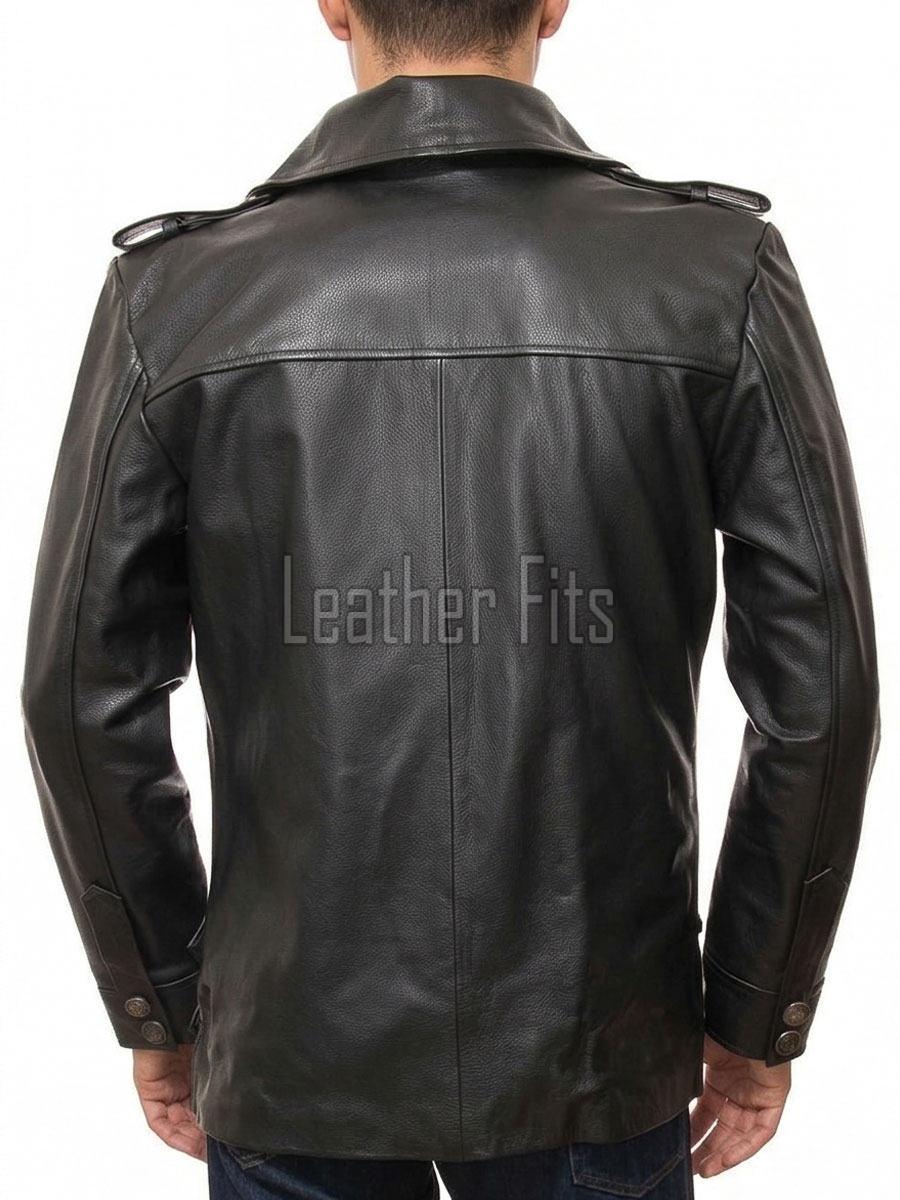 Men Dark Anthracite Leather Reefers Coat | Double Breasted Military Winter Duster | Premium Grained Cowhide Officer Style Overcoat