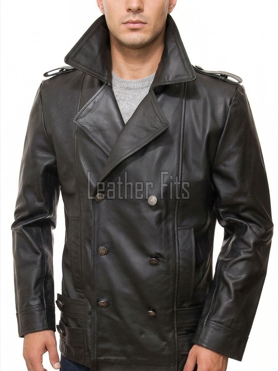 Men Dark Anthracite Leather Reefers Coat | Double Breasted Military Winter Duster | Premium Grained Cowhide Officer Style Overcoat