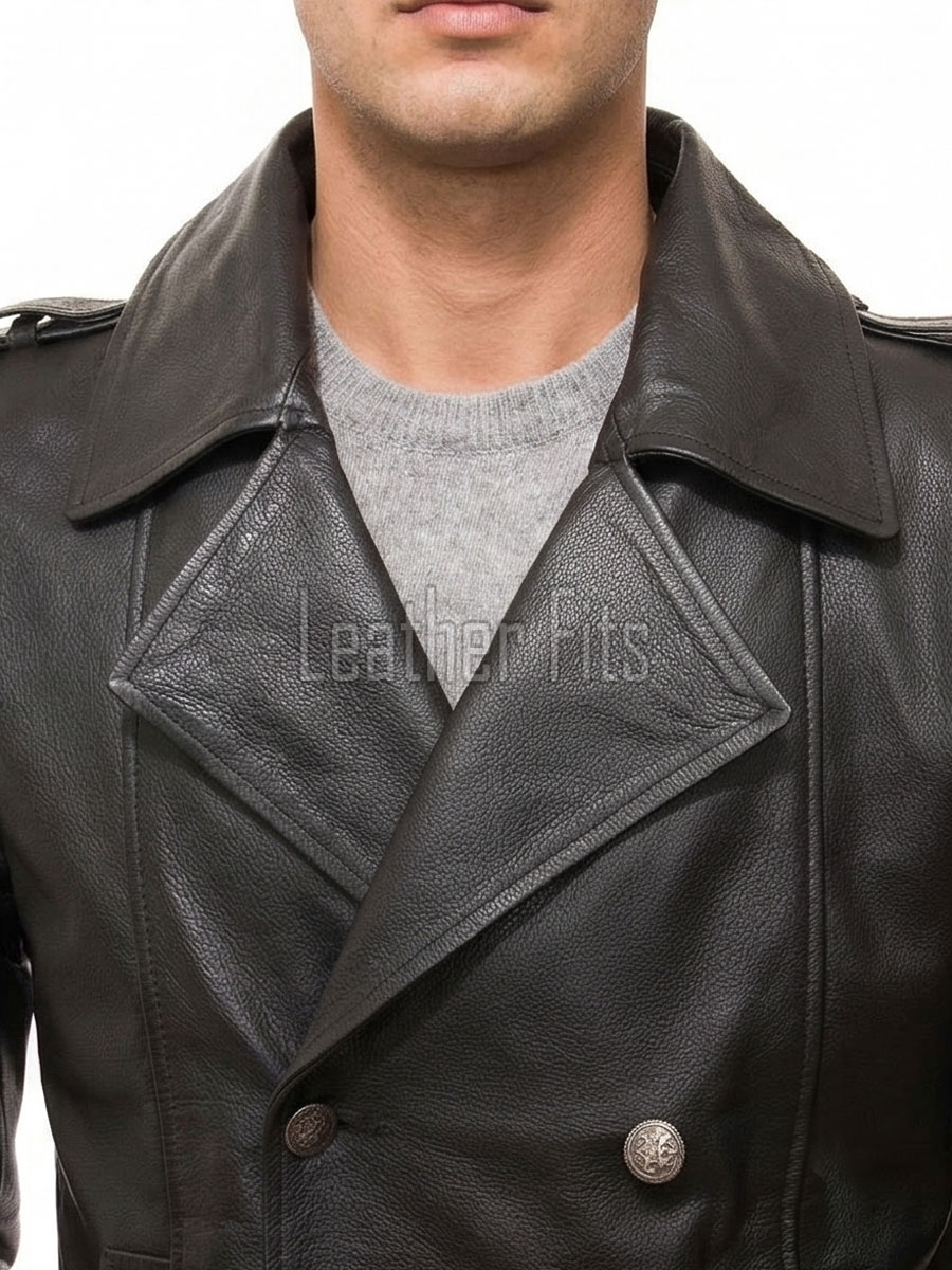 Men Dark Anthracite Leather Reefers Coat | Double Breasted Military Winter Duster | Premium Grained Cowhide Officer Style Overcoat