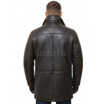 Men Dark Charcoal Leather Car Coat | Luxury Shearling Lined Winter Duster Jacket | Premium Matte Sheepskin Insulated Heavy Overcoat