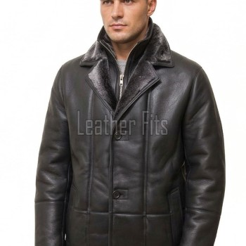 Men Dark Charcoal Leather Car Coat | Luxury Shearling Lined Winter Duster Jacket | Premium Matte Sheepskin Insulated Heavy Overcoat