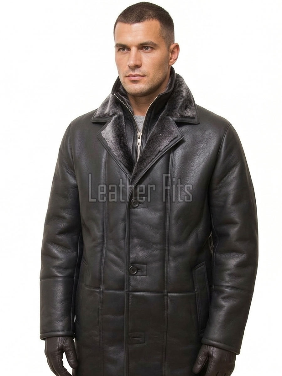 Men Dark Charcoal Leather Car Coat | Luxury Shearling Lined Winter Duster Jacket | Premium Matte Sheepskin Insulated Heavy Overcoat