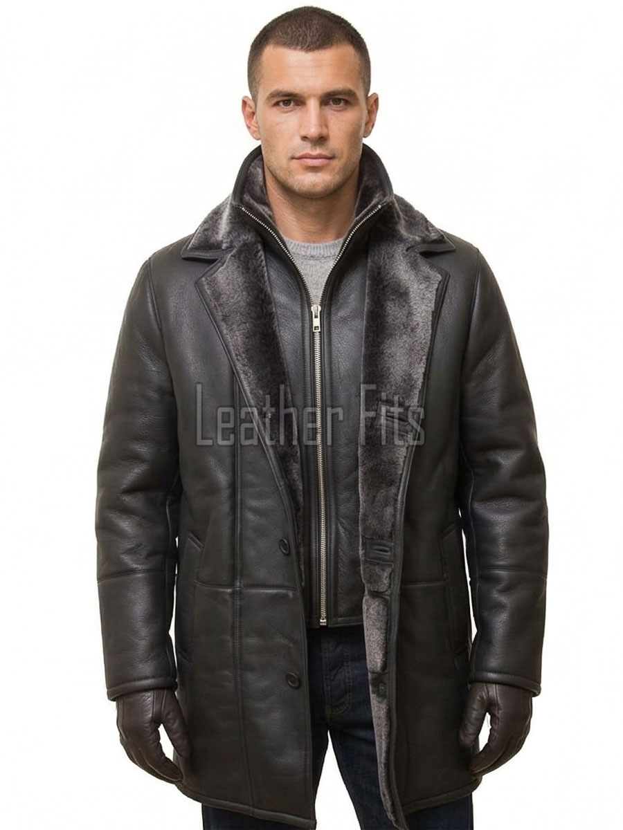 Men Dark Charcoal Leather Car Coat | Luxury Shearling Lined Winter Duster Jacket | Premium Matte Sheepskin Insulated Heavy Overcoat