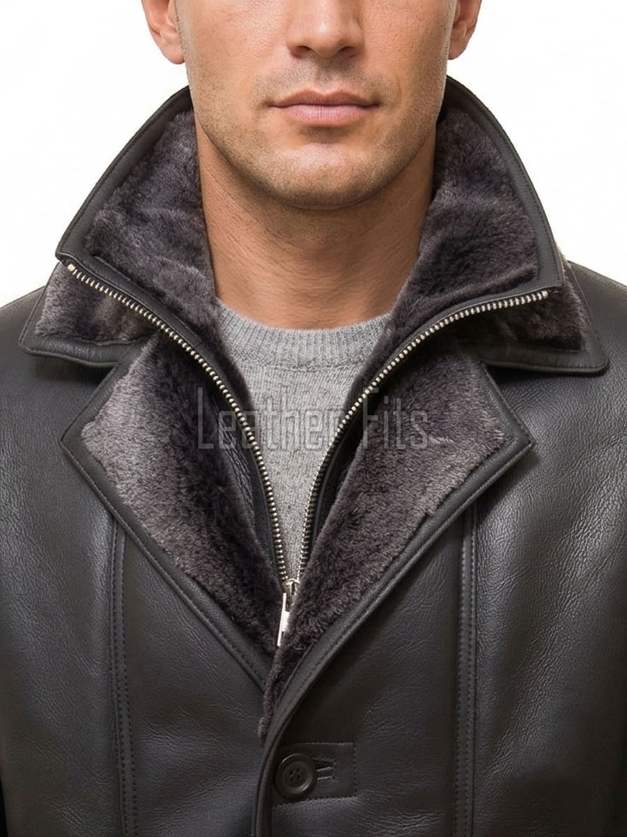 Men Dark Charcoal Leather Car Coat | Luxury Shearling Lined Winter Duster Jacket | Premium Matte Sheepskin Insulated Heavy Overcoat