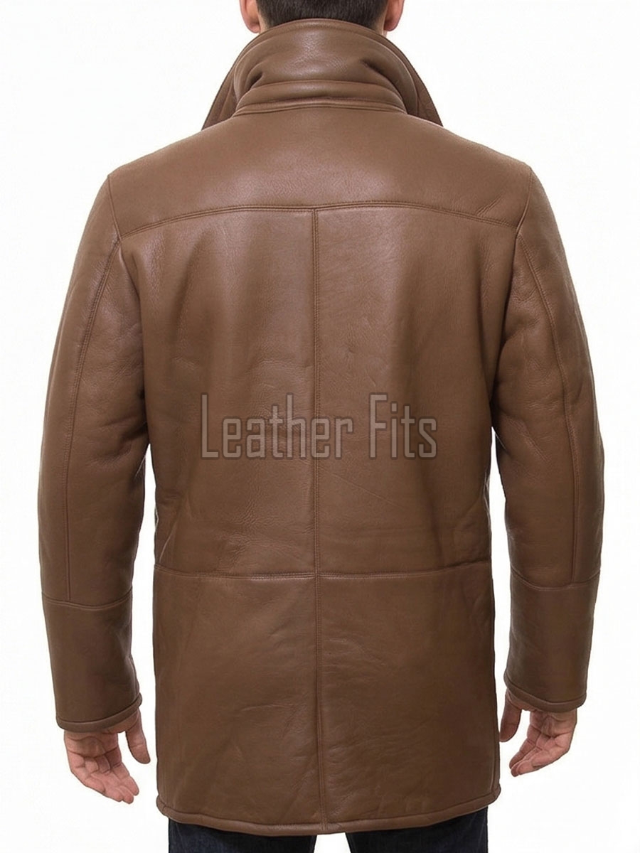 Men Tan Saddle Leather Car Coat | Luxury Winter Shearling Lined Duster Jacket | Premium Cognac Sheepskin Insulated Heavy Overcoat