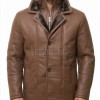 Men Tan Saddle Leather Car Coat | Luxury Winter Shearling Lined Duster Jacket | Premium Cognac Sheepskin Insulated Heavy Overcoat