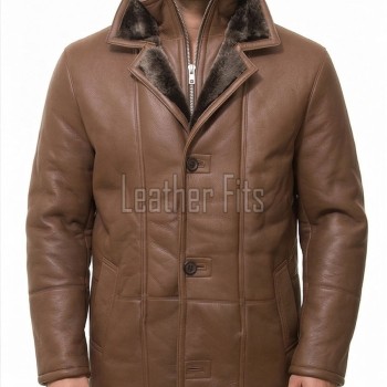 Men Tan Saddle Leather Car Coat | Luxury Winter Shearling Lined Duster Jacket | Premium Cognac Sheepskin Insulated Heavy Overcoat