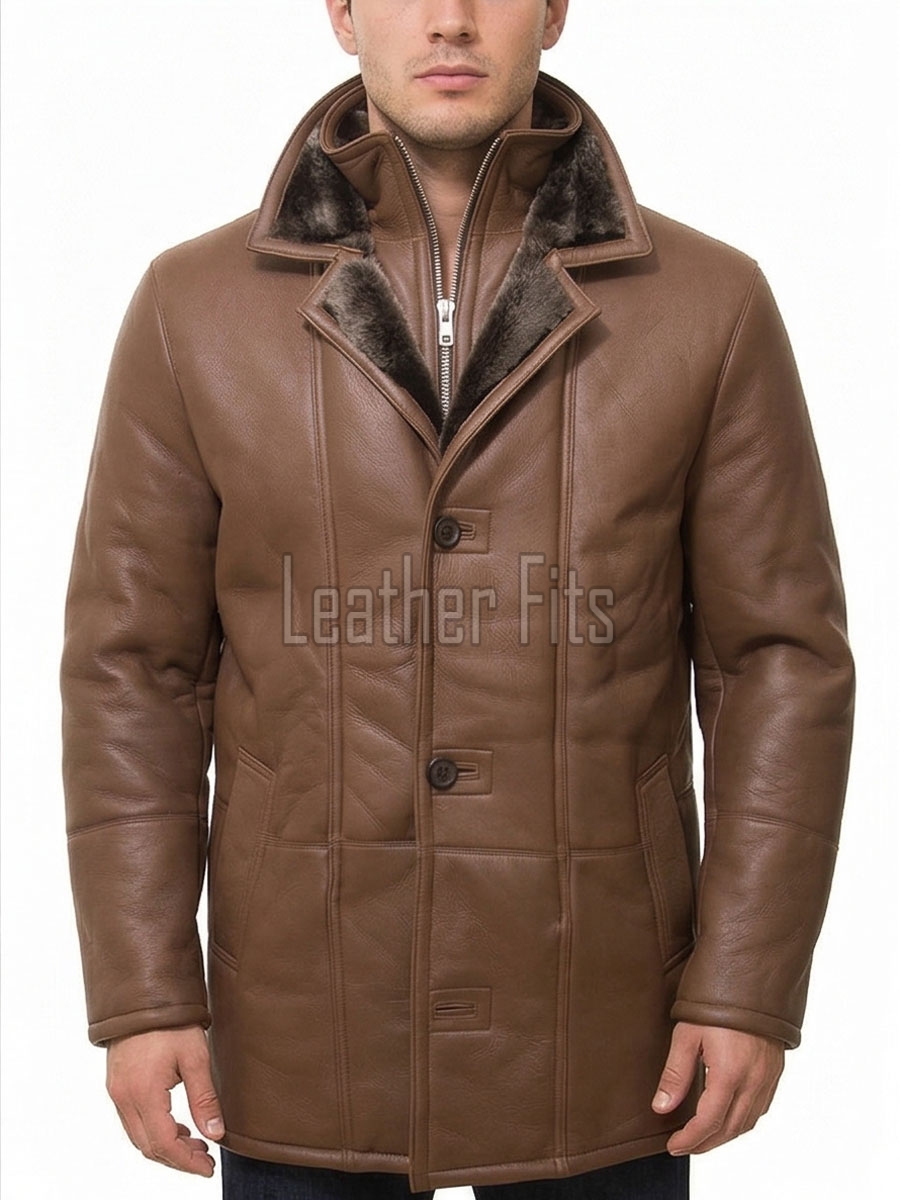 Men Tan Saddle Leather Car Coat | Luxury Winter Shearling Lined Duster Jacket | Premium Cognac Sheepskin Insulated Heavy Overcoat