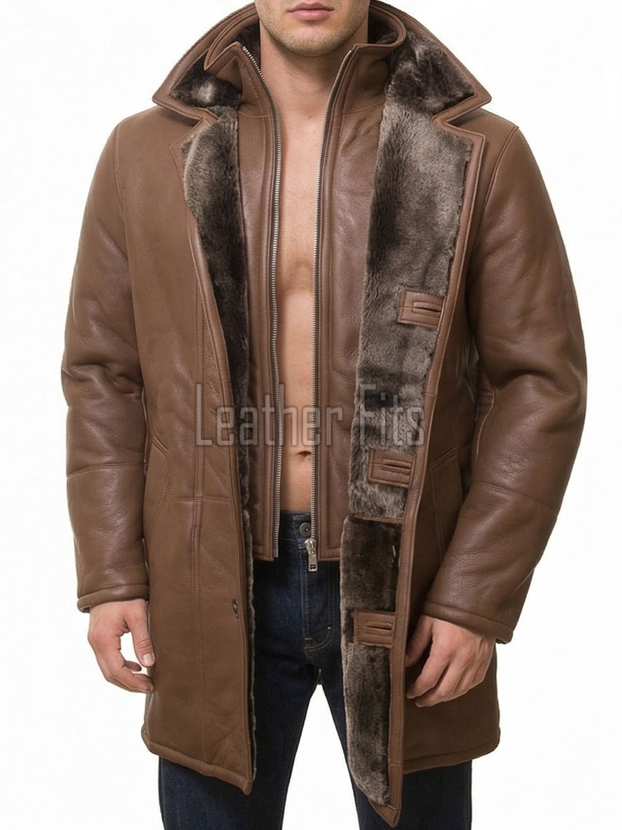 Men Tan Saddle Leather Car Coat | Luxury Winter Shearling Lined Duster Jacket | Premium Cognac Sheepskin Insulated Heavy Overcoat
