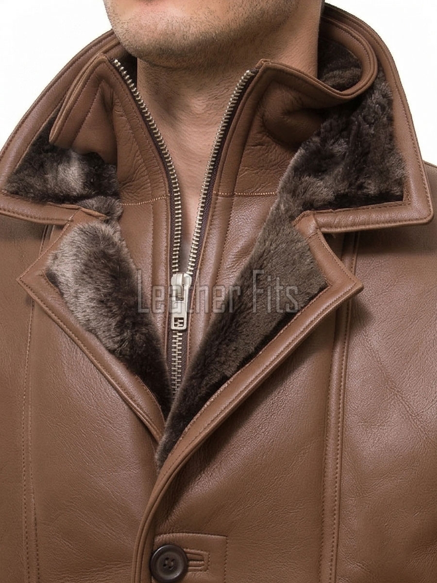 Men Tan Saddle Leather Car Coat | Luxury Winter Shearling Lined Duster Jacket | Premium Cognac Sheepskin Insulated Heavy Overcoat