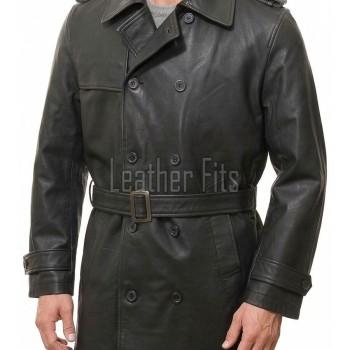 Men Onyx Black Leather Trench Coat | Double Breasted Military Officer Duster | Premium Lambskin Belted Long Winter Overcoat