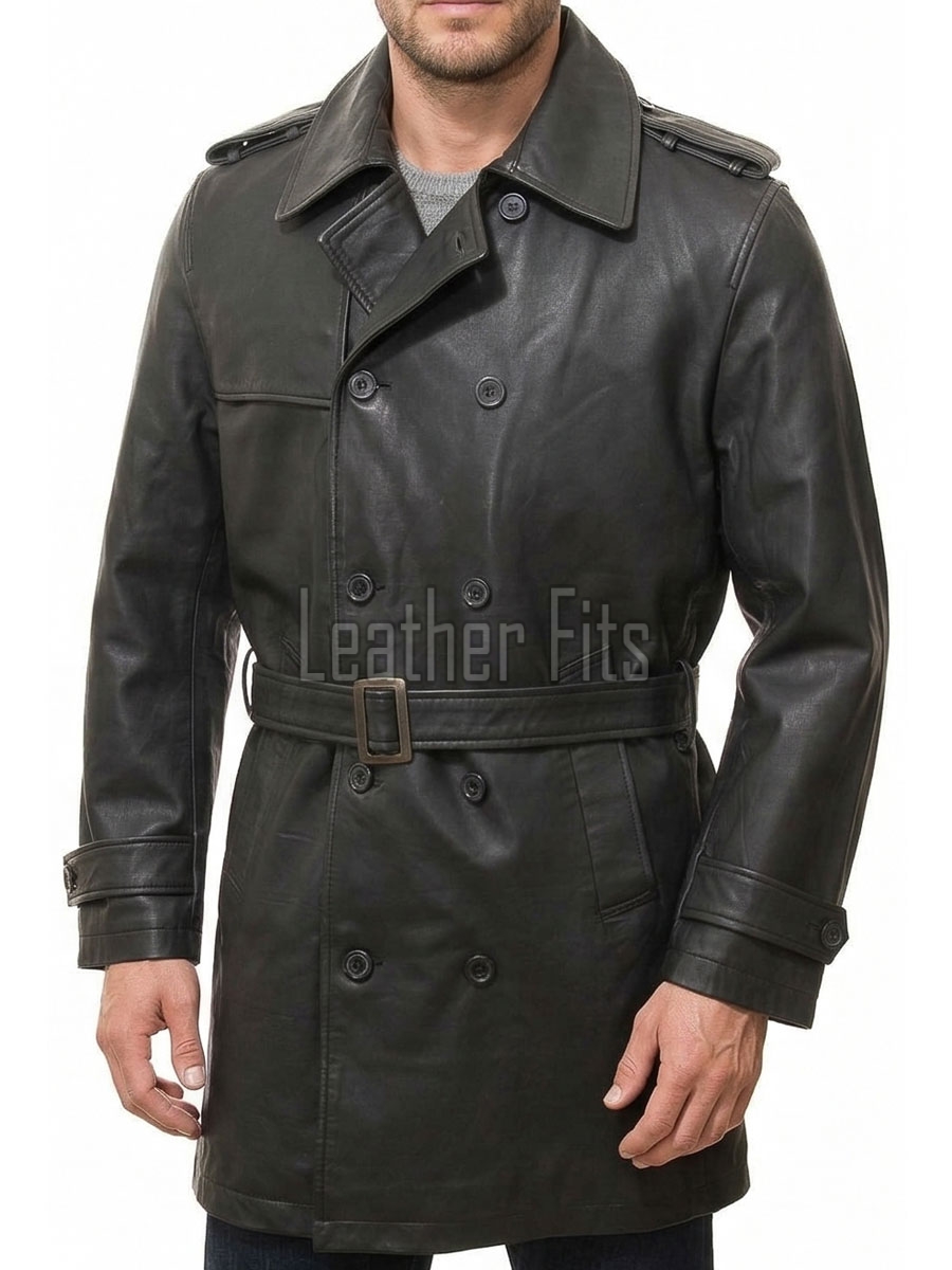 Men Onyx Black Leather Trench Coat | Double Breasted Military Officer Duster | Premium Lambskin Belted Long Winter Overcoat