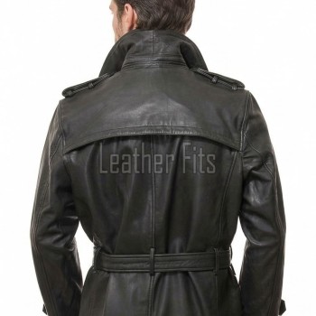 Men Onyx Black Leather Trench Coat | Double Breasted Military Officer Duster | Premium Lambskin Belted Long Winter Overcoat