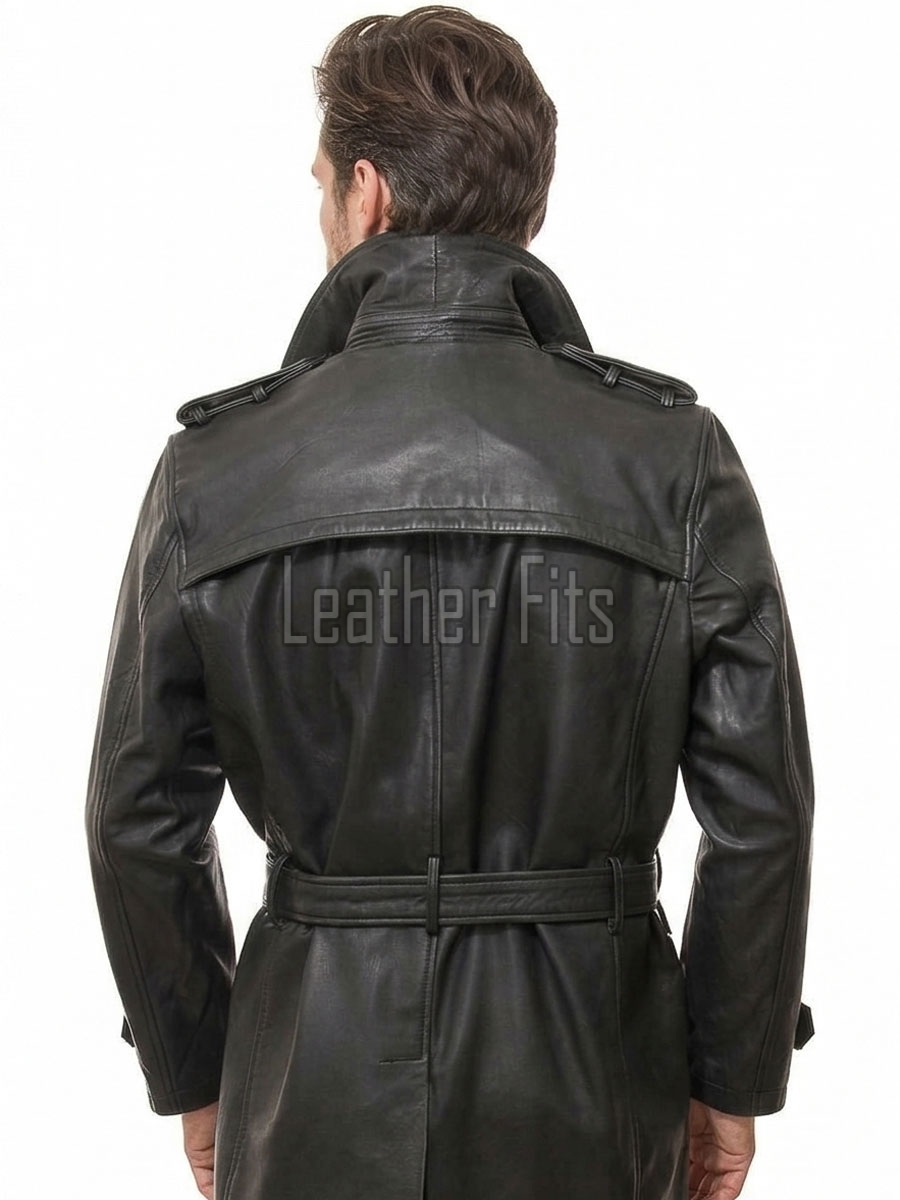 Men Onyx Black Leather Trench Coat | Double Breasted Military Officer Duster | Premium Lambskin Belted Long Winter Overcoat