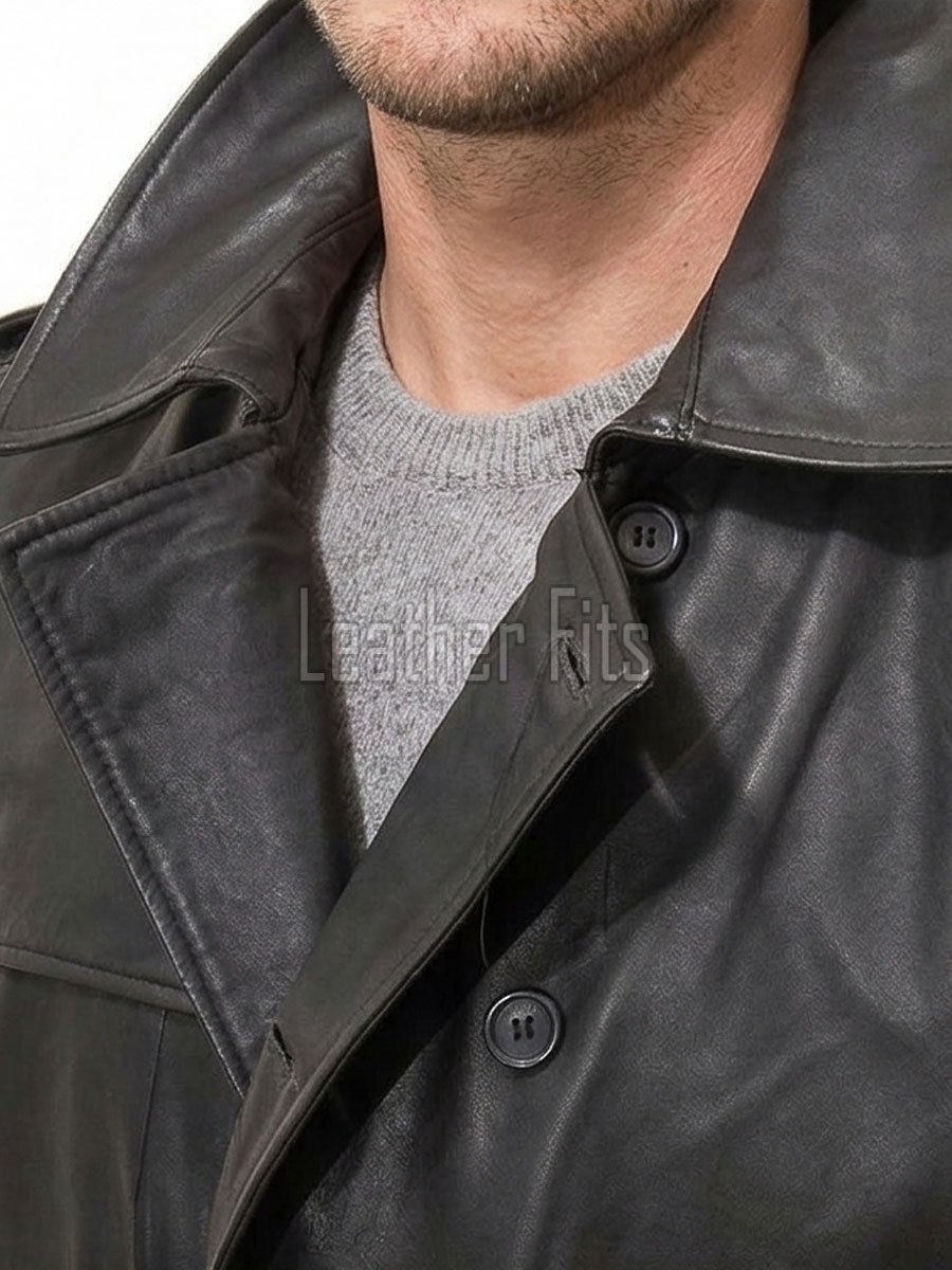 Men Onyx Black Leather Trench Coat | Double Breasted Military Officer Duster | Premium Lambskin Belted Long Winter Overcoat