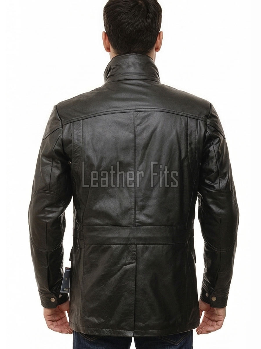 Men Obsidian Black Leather Field Coat | Multi Pocket Military Winter Parka | Premium Lambskin Insulated Double Zip Long Overcoat