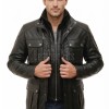 Men Obsidian Black Leather Field Coat | Multi Pocket Military Winter Parka | Premium Lambskin Insulated Double Zip Long Overcoat