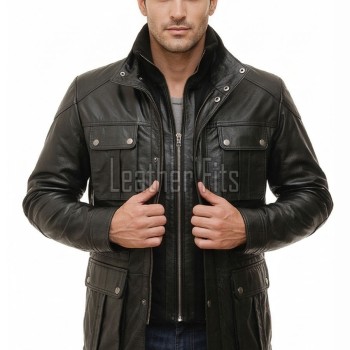 Men Obsidian Black Leather Field Coat | Multi Pocket Military Winter Parka | Premium Lambskin Insulated Double Zip Long Overcoat
