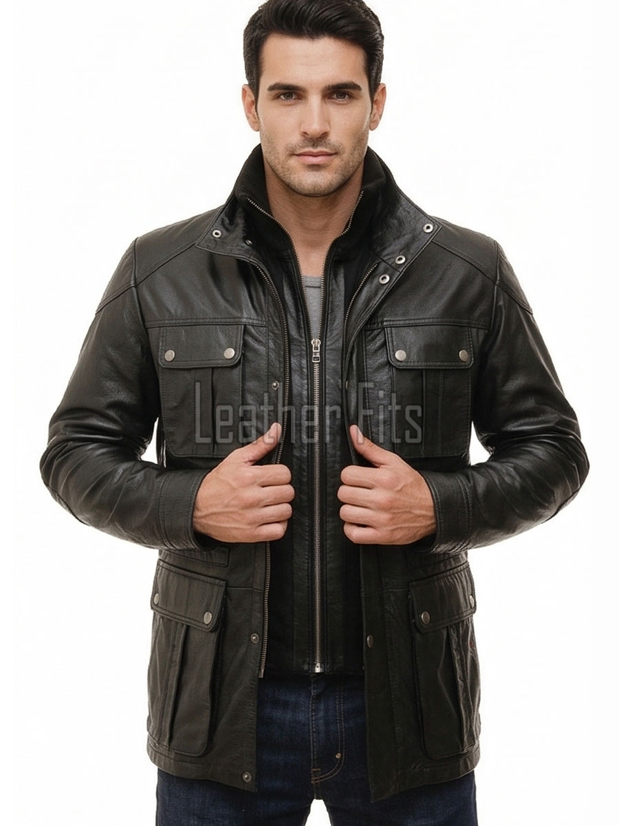 Men Obsidian Black Leather Field Coat | Multi Pocket Military Winter Parka | Premium Lambskin Insulated Double Zip Long Overcoat