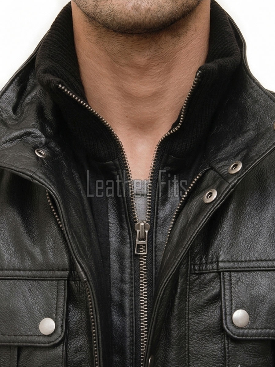 Men Obsidian Black Leather Field Coat | Multi Pocket Military Winter Parka | Premium Lambskin Insulated Double Zip Long Overcoat