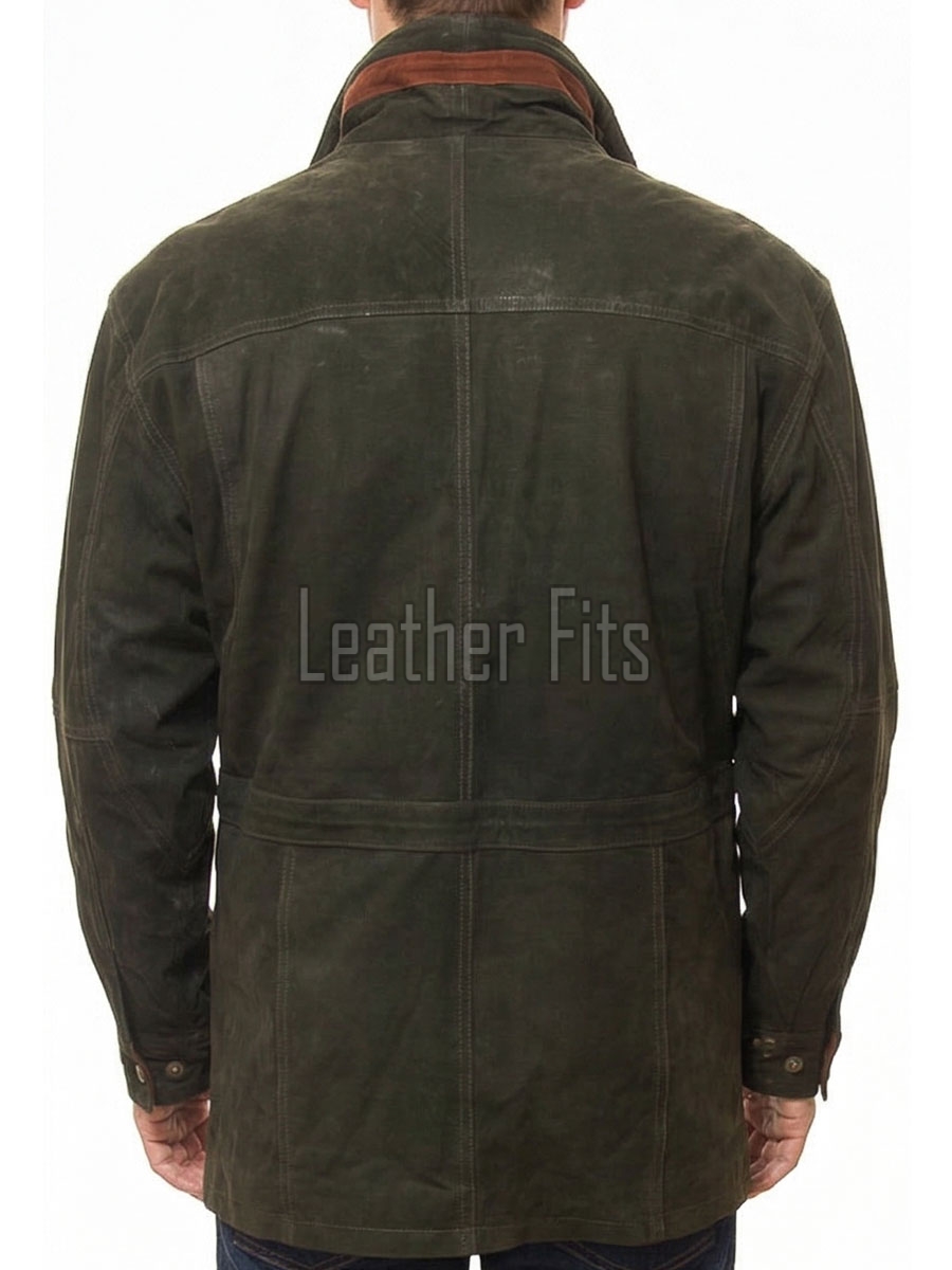 Men Olive Green Suede Leather Car Coat | Luxury Timber Brown Trimmed Duster | Premium Nubuck Insulated Heavy Winter Field Overcoat