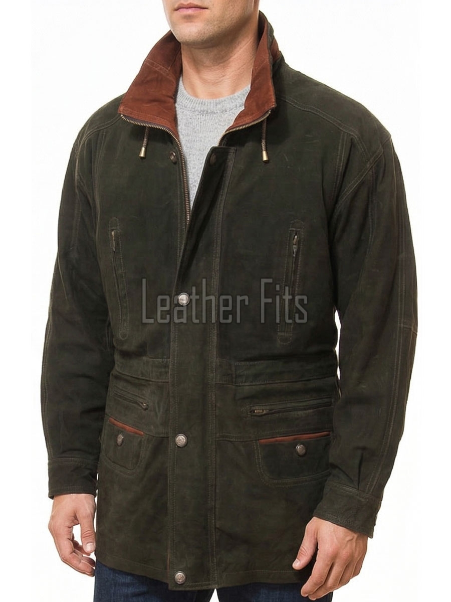Men Olive Green Suede Leather Car Coat | Luxury Timber Brown Trimmed Duster | Premium Nubuck Insulated Heavy Winter Field Overcoat