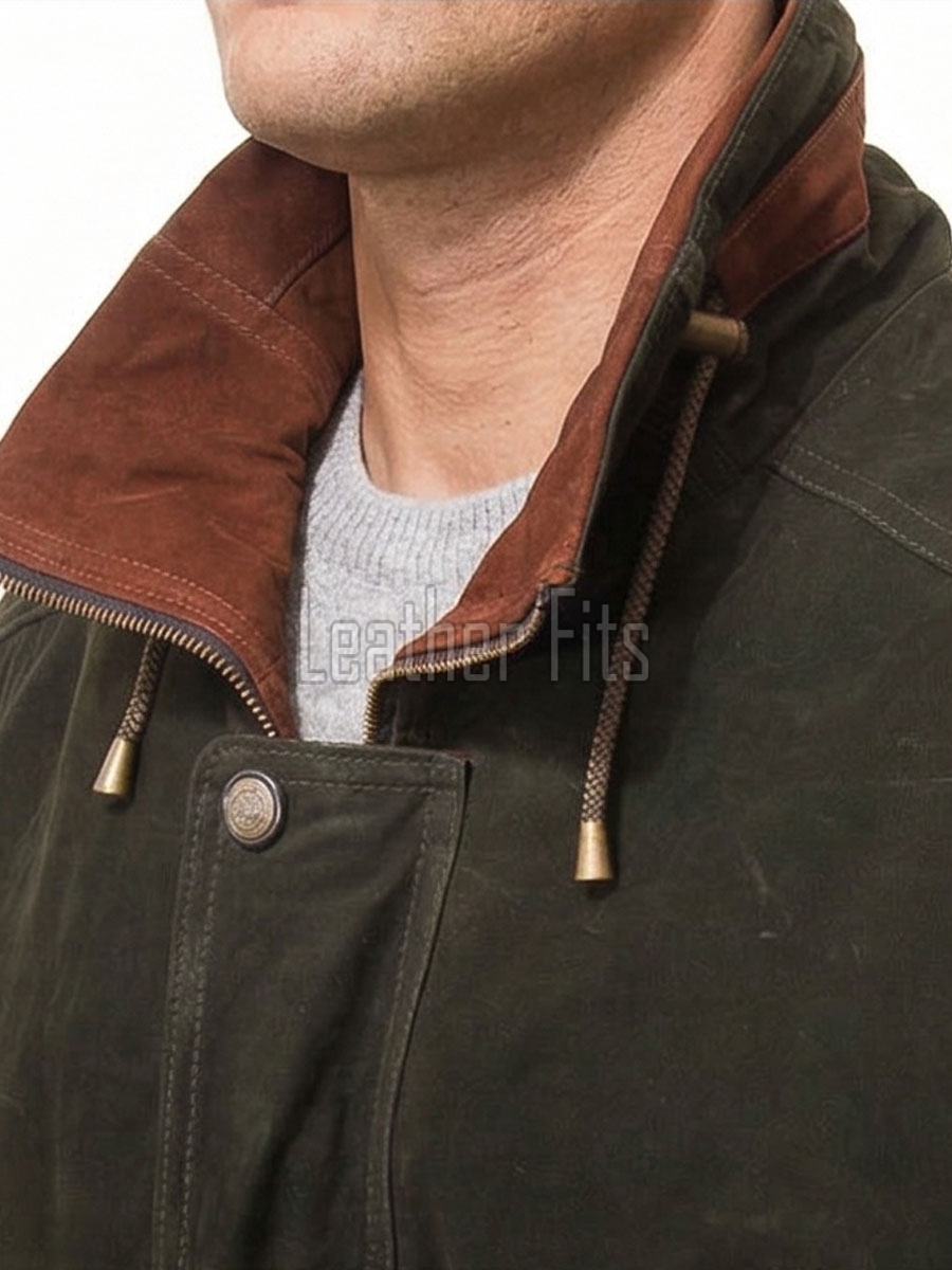 Men Olive Green Suede Leather Car Coat | Luxury Timber Brown Trimmed Duster | Premium Nubuck Insulated Heavy Winter Field Overcoat